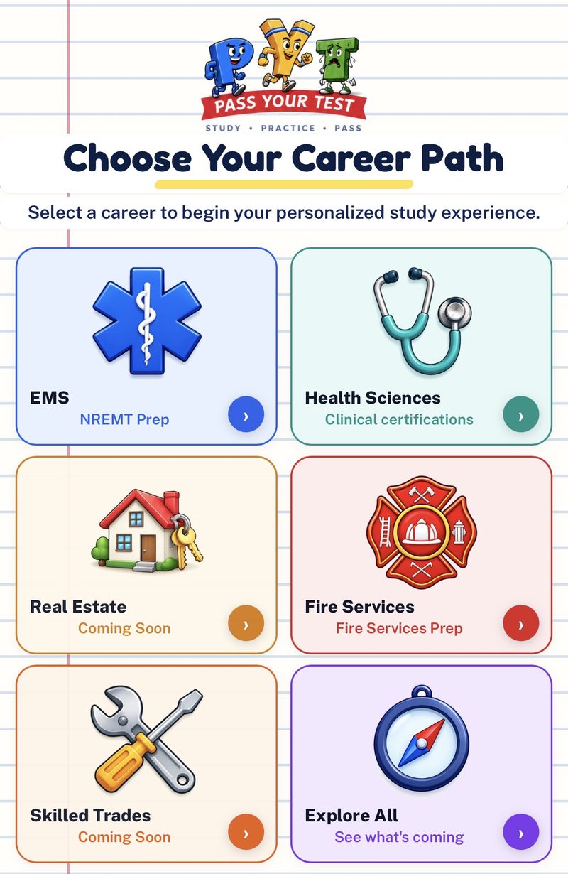 PYT app Choose Your Career Path screen: EMS, Health Sciences, Real Estate (coming soon), Fire Services, Skilled Trades (coming soon) and Explore All