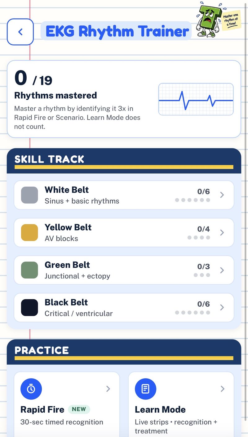 PYT app EKG skill track: White, Yellow, Green and Black belts plus Rapid Fire and Learn Mode practice