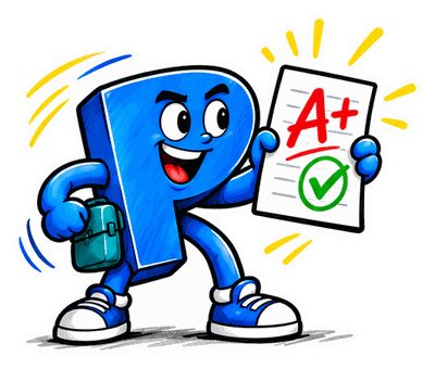 P proudly holding an A+ test with a checkmark
