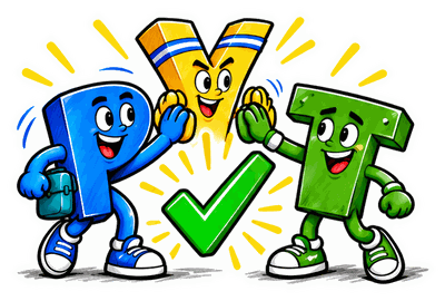 PYT mascots P, Y and T high-fiving over a green checkmark