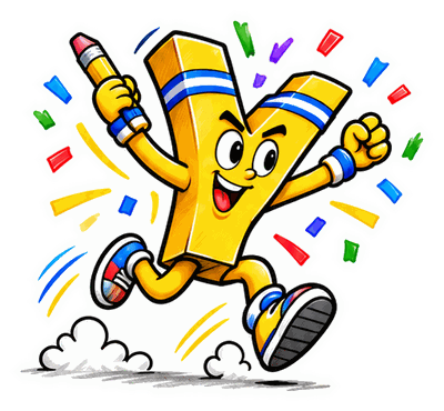 Y jumping for joy with a pencil and confetti